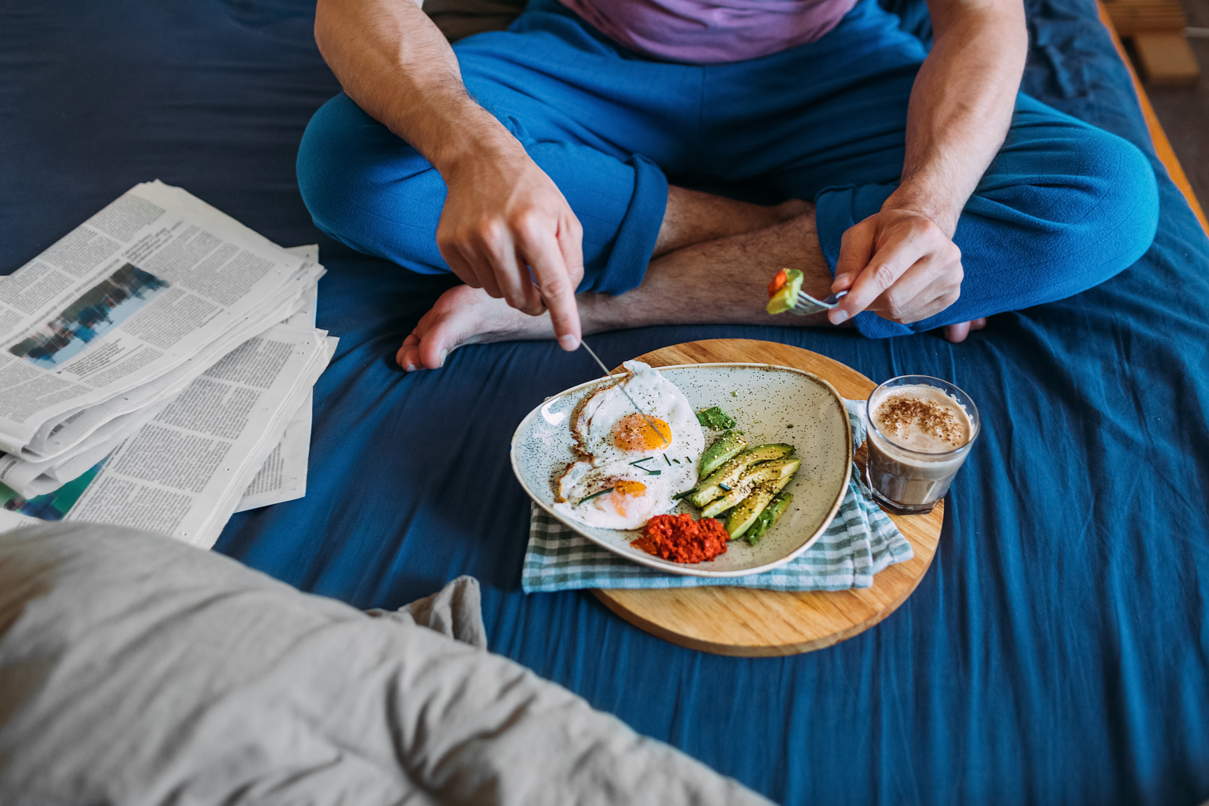 Breakfast in bed — eggs, avocado